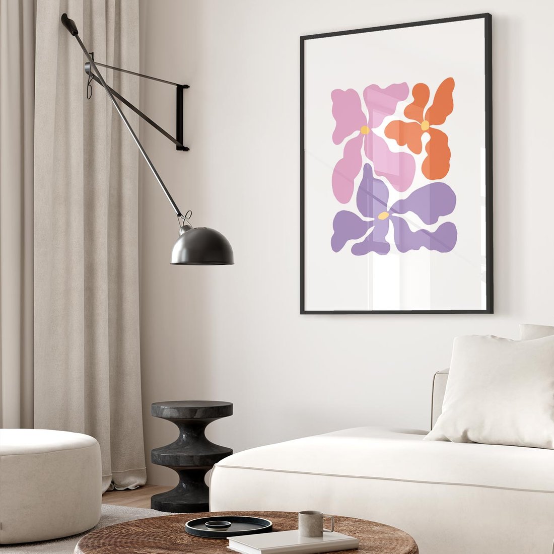 Plakat w ramie 40x50 - Bezgraniczne Wibracje - abstrakcyjne kolorowe kwiaty, minimlizm - rama czarna