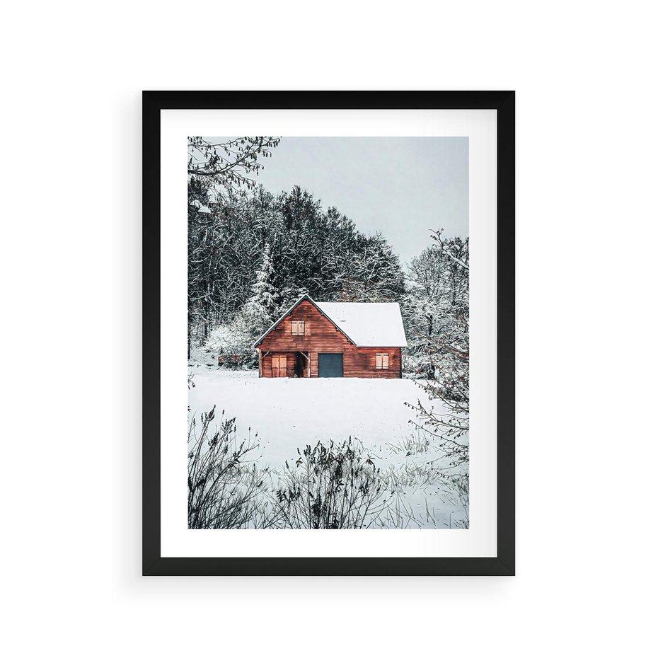 Plakat w ramie 30x40 - Domek w Górach Pokryty Śniegiem - domek w górach, śnieg - rama czarna