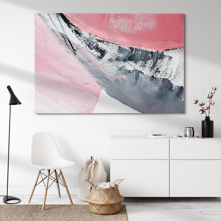 Obraz na płótnie 100x70 - Kontrastujący Ruch Emocji - abstrakcyjne pasy farby, kolory róż szary czarny