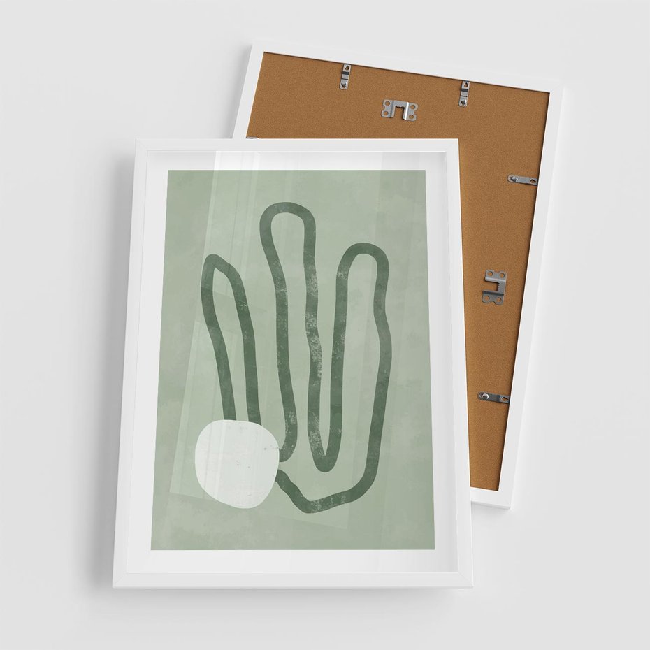 Plakat w ramie 50x70 - Spokojne Kształty Natury - zielona abstrakcja, zgaszona zieleń - rama biała