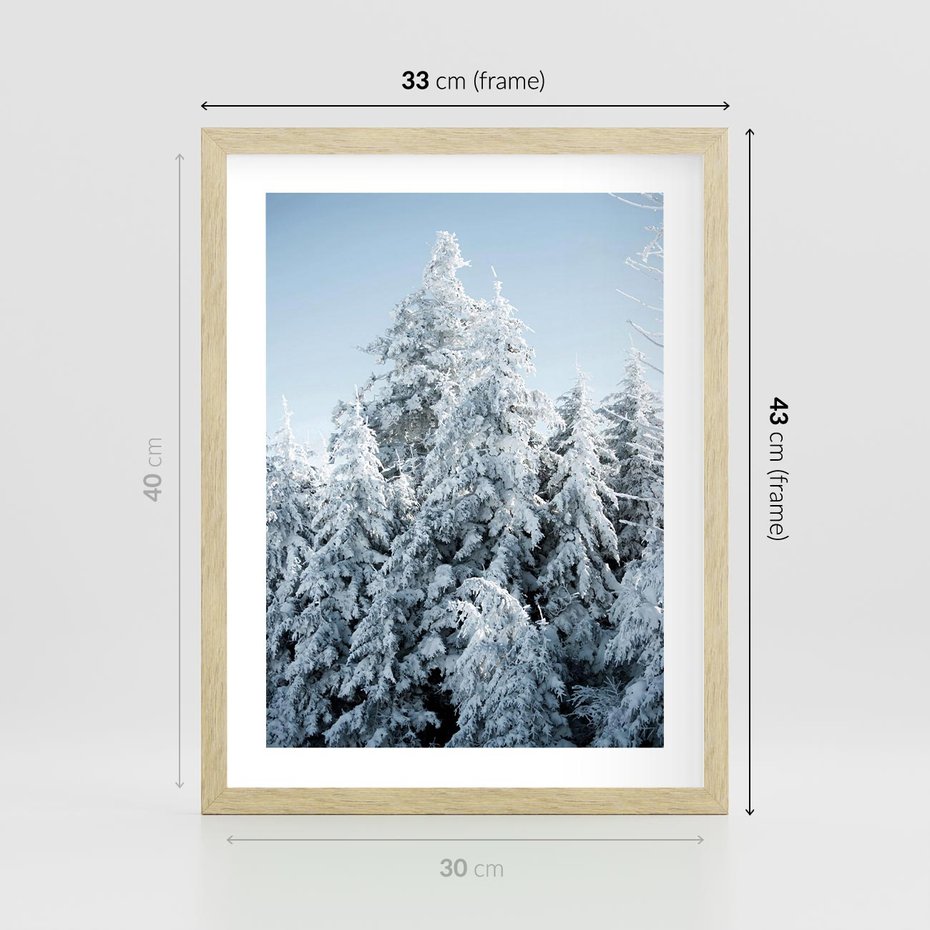 Plakat w ramie 30x40 - Magia Śnieżnych Drzew - zima, iglaste drzewa - rama drewno