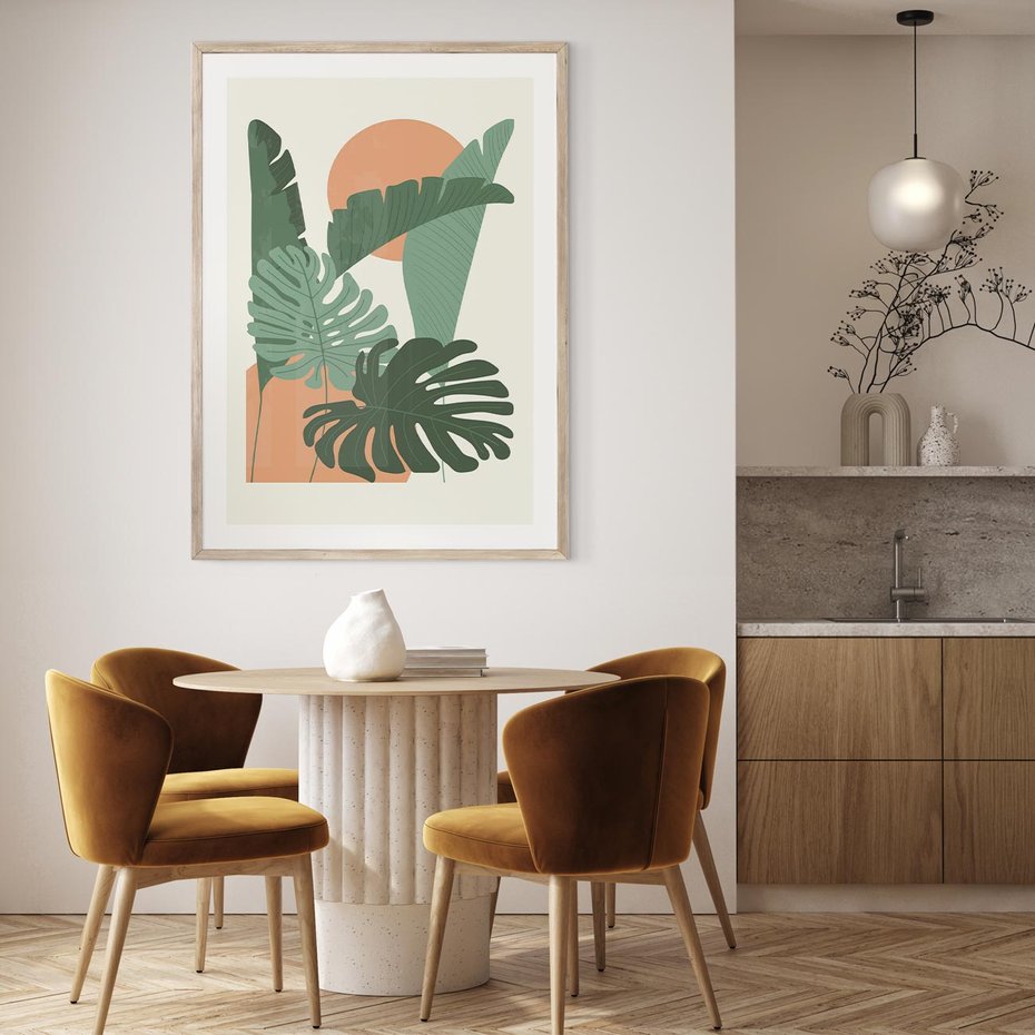 Plakat w ramie 30x40 - Abstrakcyjne Tropiki - liście, rośliny tropikalne w graficznym stylu - rama drewno