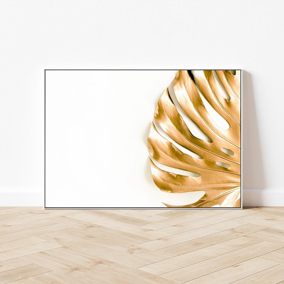 Obraz w ramie 120x80 - Przyjemność dla Oczu - złote, liście - rama biała