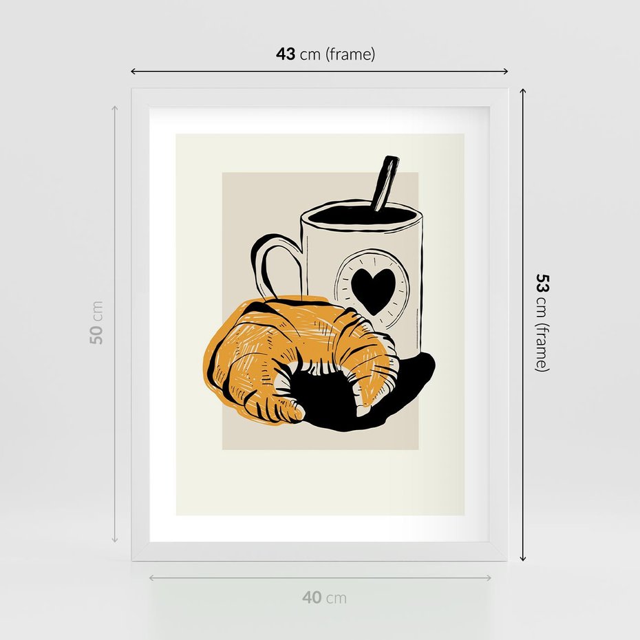Plakat w ramie 40x50 - Śniadanie z Croissantem - grafika, croisant - rama biała