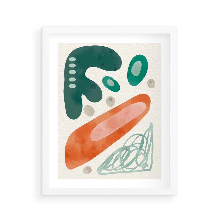 Plakat w ramie 40x50 - Podróżne Wizje - abstrakcyjne plamy, zielony - rama biała