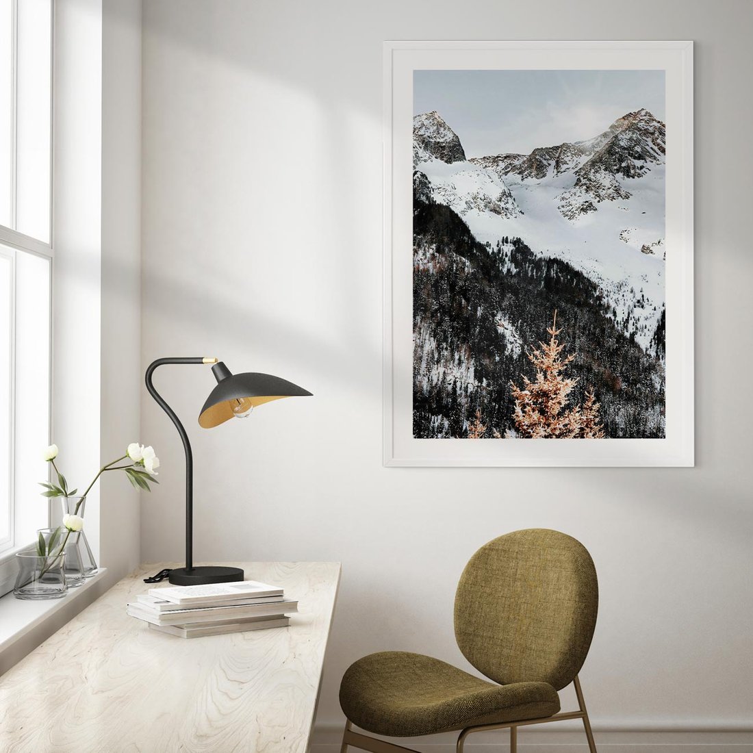 Plakat w ramie 50x70 - Górski Raj - góry, śnieg - rama biała