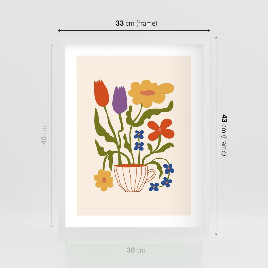 Plakat w ramie 30x40 - Kolorowe Granice - kwiaty w filizance, abstrakcja - rama biała