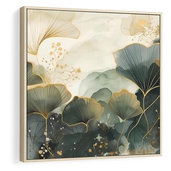 Obraz w ramie 50x50 - Natura w Złotym Odcieniu - złote elementy, liście miłorzębu japońskiego - rama drewno