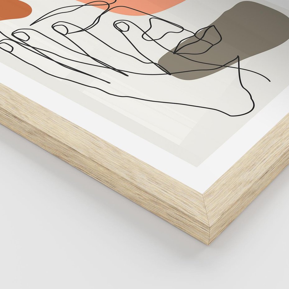 Plakat w ramie 40x50 - Ekspresja Kolorów: Szkic - one line szkic twarzy, kolorowe plamy - rama drewno