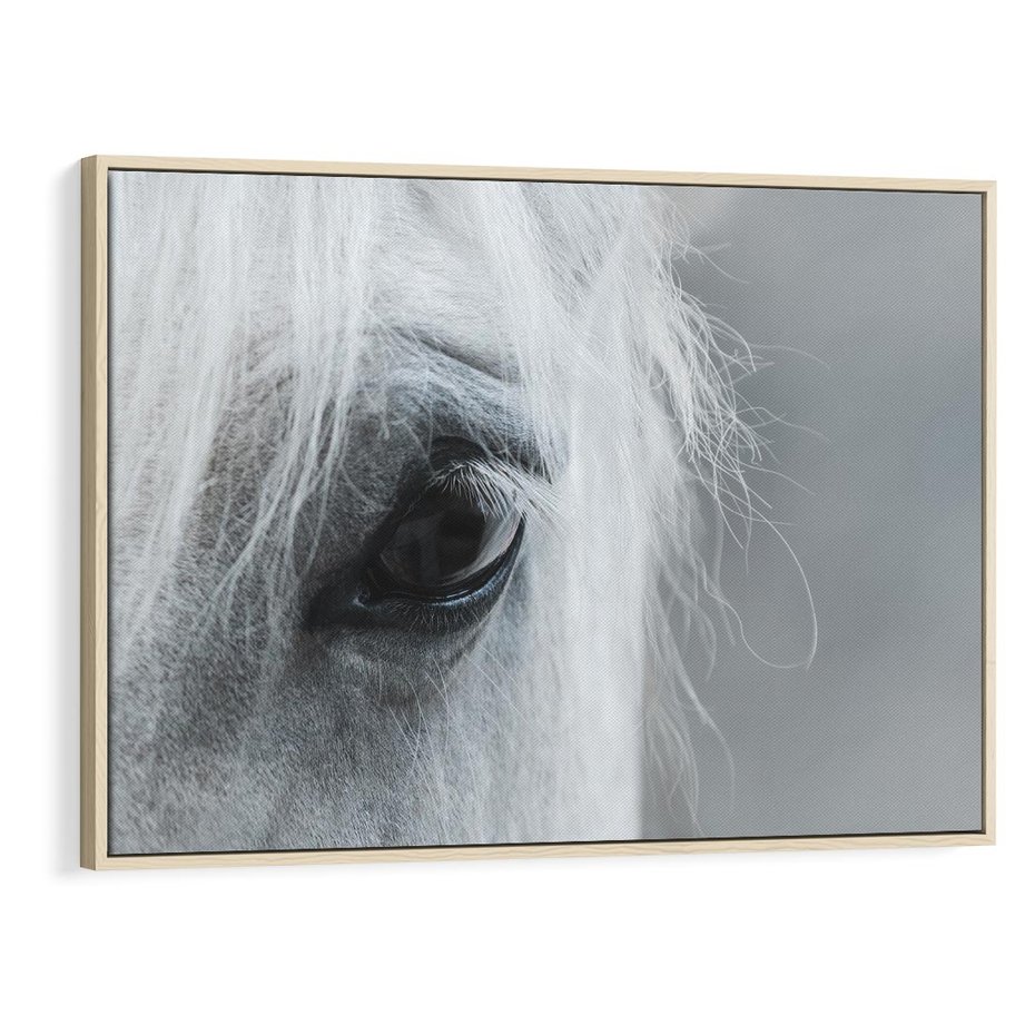 Obraz w ramie 100x70 - Oko Mocy - czarno białe zdjęcie, zbliżenie makro na oko konia - rama drewno