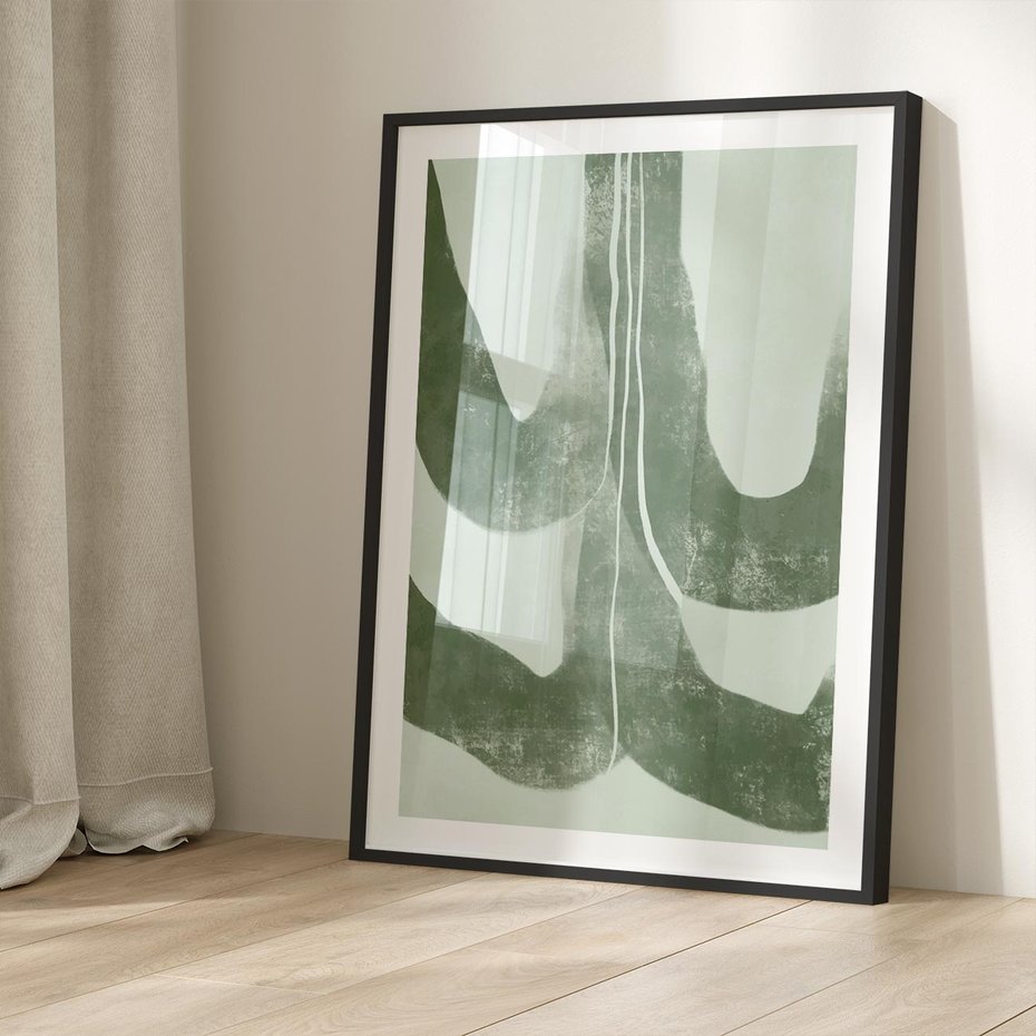 Plakat bez ramy 21x30 - Nurtująca Kompozycja Zieleni - abstrakcyjne delikatne zielone linie, podobne do gałęzi kwiatów