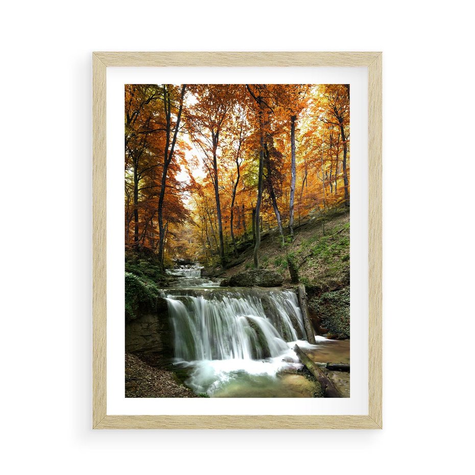 Plakat w ramie 50x70 - Jesienny wodospad w lesie - wodospad, las - rama drewno
