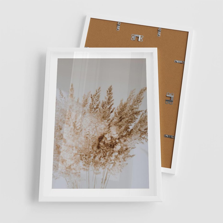 Plakat w ramie 50x70 - Boho Urok Traw Pampasowych - suche trawy, pampas - rama biała