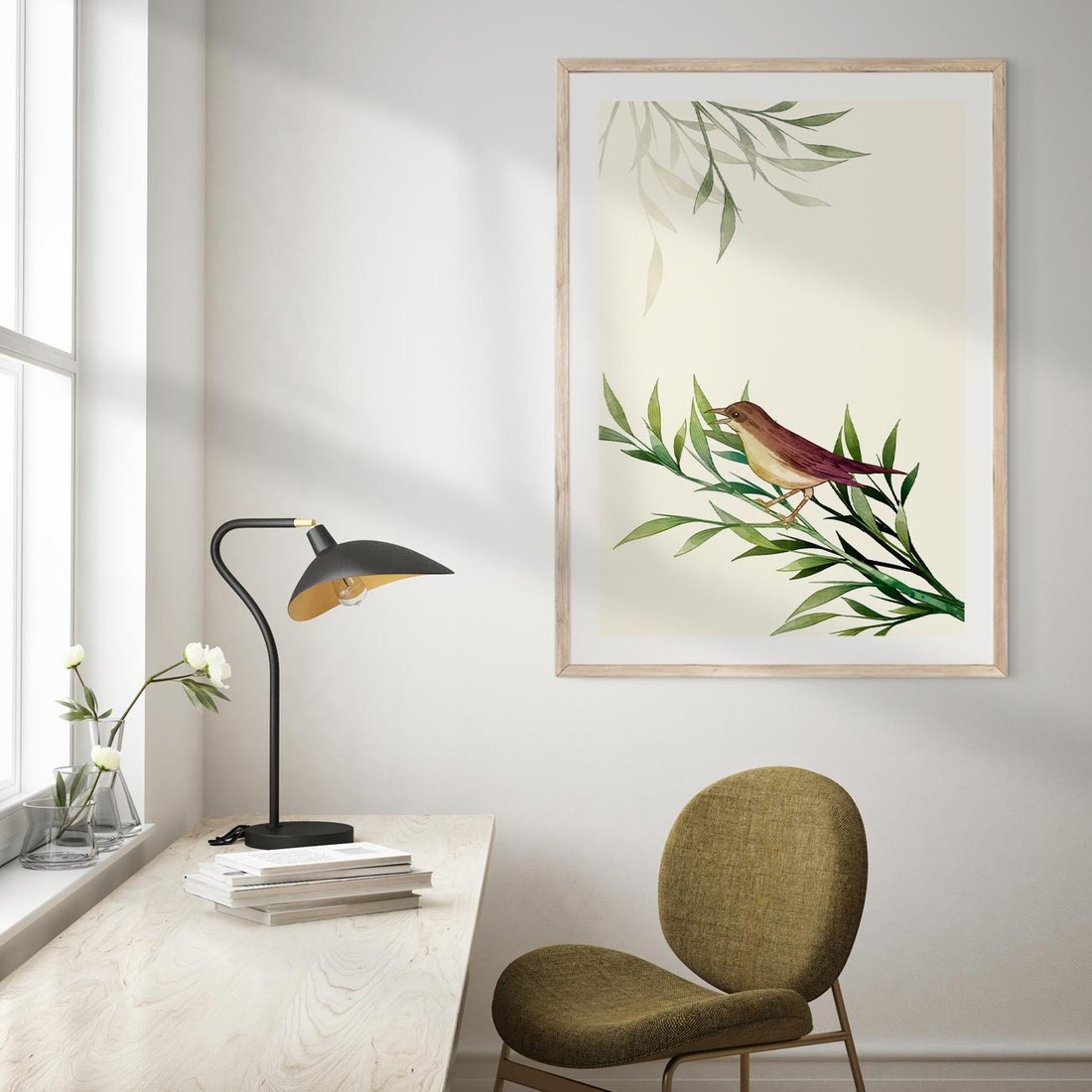 Plakat w ramie 40x50 - Roślinne Nastroje - japońska sztuka, ptak - rama drewno