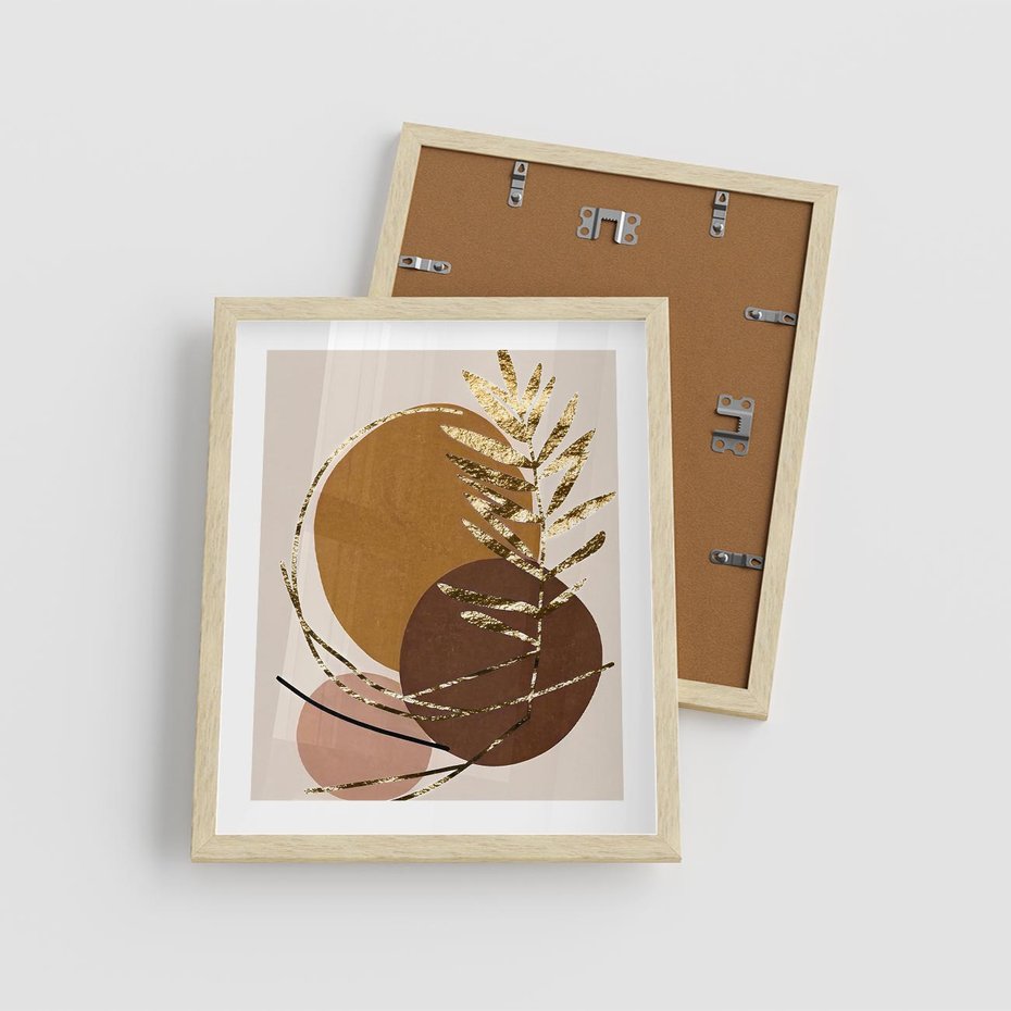 Plakat w ramie 40x50 - Taniec Przenikających Odbić - abstrakcyjny obraz, złote liście palmy - rama drewno