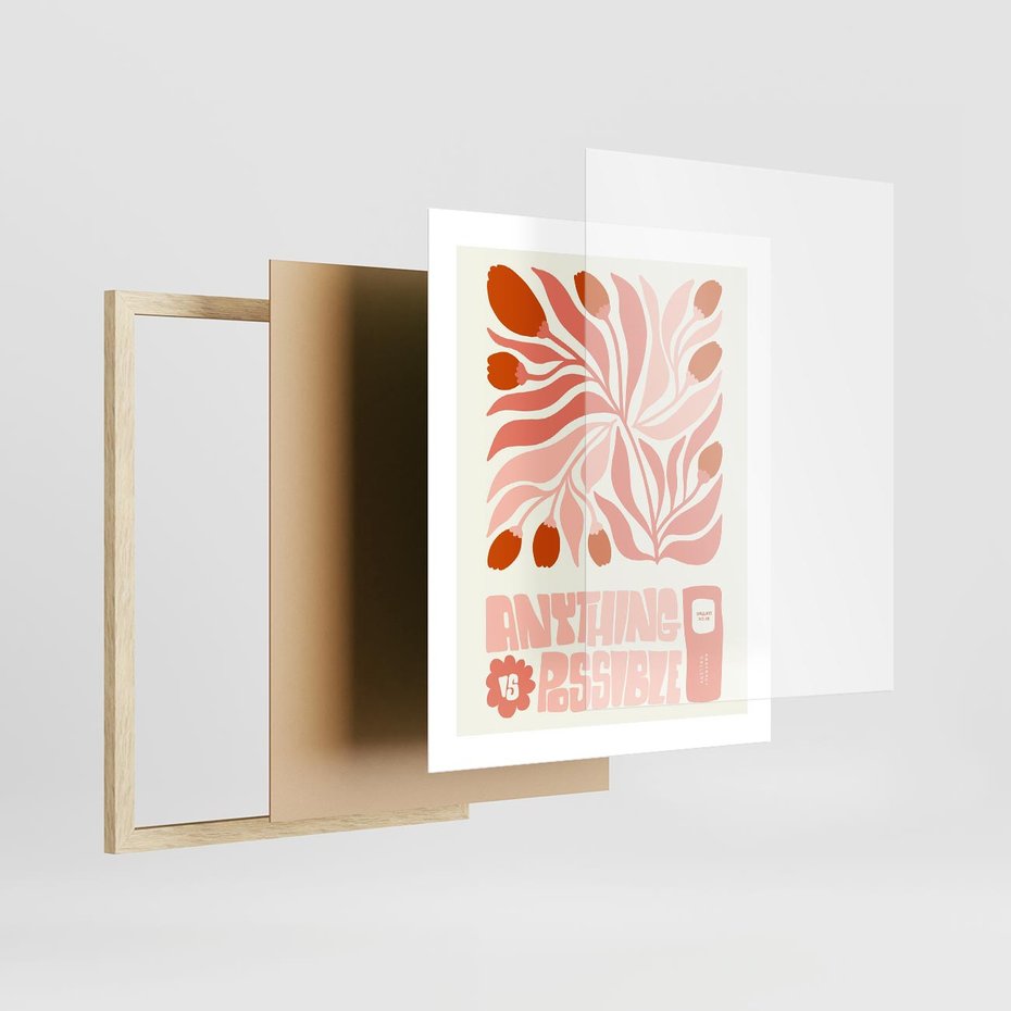 Plakat w ramie 40x50 - Migotliwa Euforia - kompozycja w łososiowym kolorze, kwiaty - rama drewno