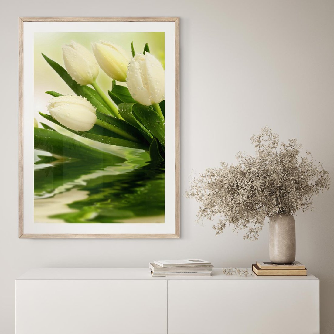 Plakat w ramie 40x50 - Białe Piękno - białe, tulipany - rama drewno