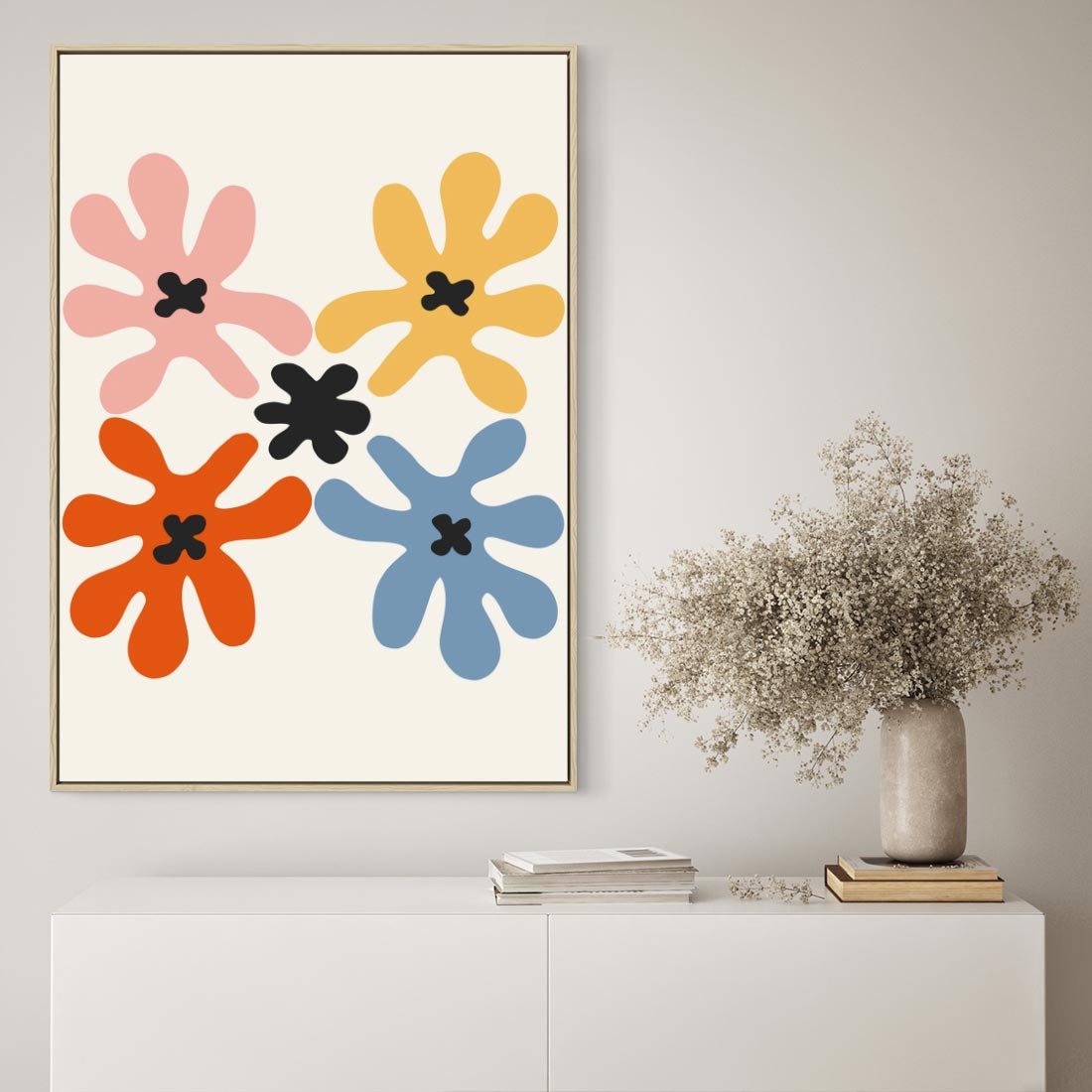 Obraz w ramie 50x70 - Taniec Akwareli - abstrakcyjne wielokolorowe kwiaty, minimalizm - rama drewno