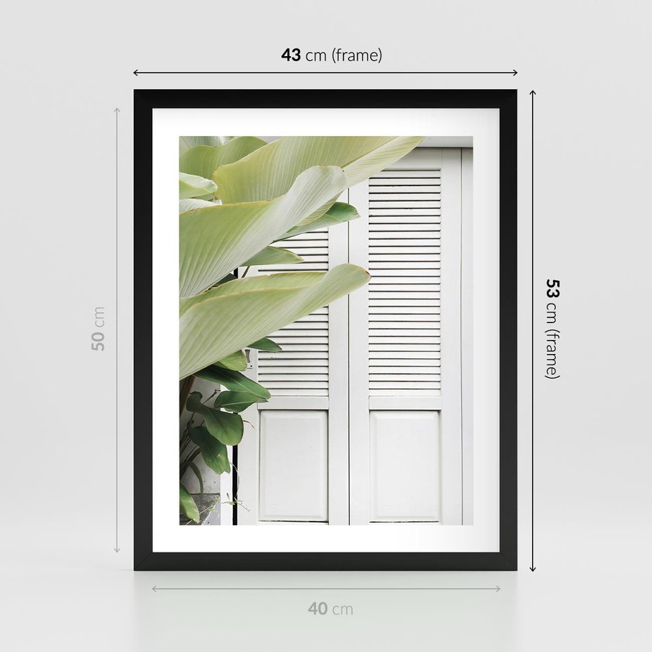 Plakat w ramie 40x50 - Tropikalne Okno - białe okiennice, zielona tropikalna roślina - rama czarna