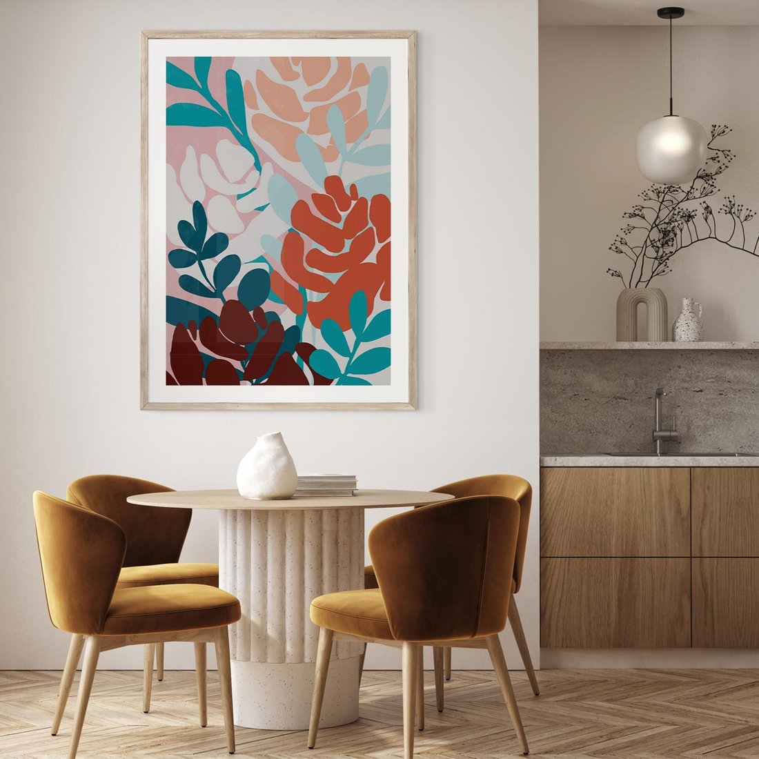 Plakat w ramie 30x40 - Impresje Kształtów - abstrakcyjna kompozycja kwiatowych form, kolor zgaszone - rama drewno
