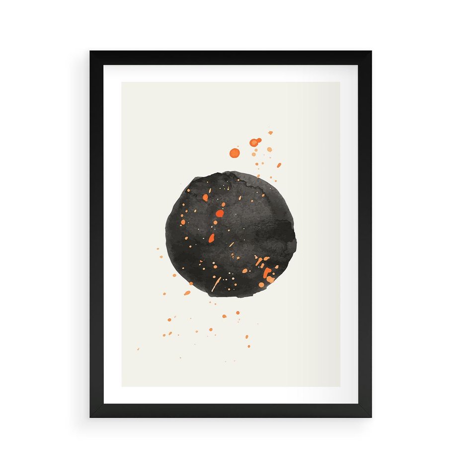 Plakat w ramie 50x70 - Wibracje Kolorów - abstrakcyjna czarna plama, rozsiane pomarańczowe kropki - rama czarna