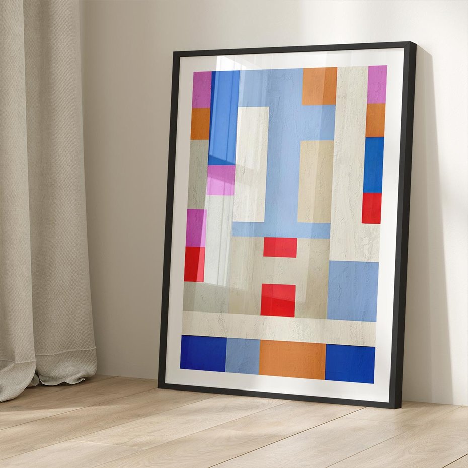 Plakat w ramie 50x70 - Bezczasowe Przenikanie Kształtów - abstrakcyjne geometryczne kształty, olejny obraz - rama czarna