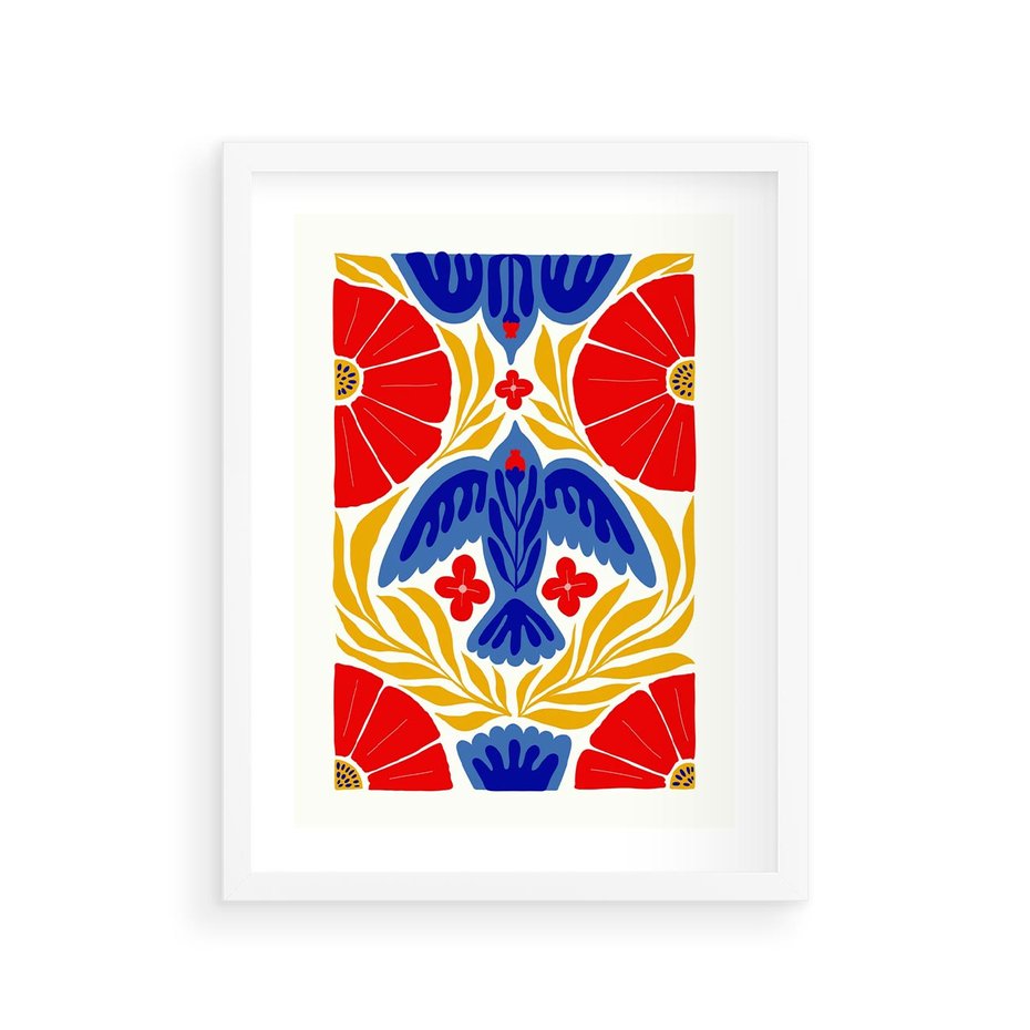 Plakat w ramie 30x40 - Eklektyczny Majestat - wyrazista grafika, mocne kolory czerwień niebieski żółty - rama biała