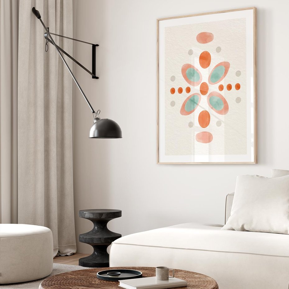Plakat w ramie 30x40 - Symfonia Natury - abstrakcyjne plamy w odcieniach pomarańczowym, kropki plamki - rama drewno