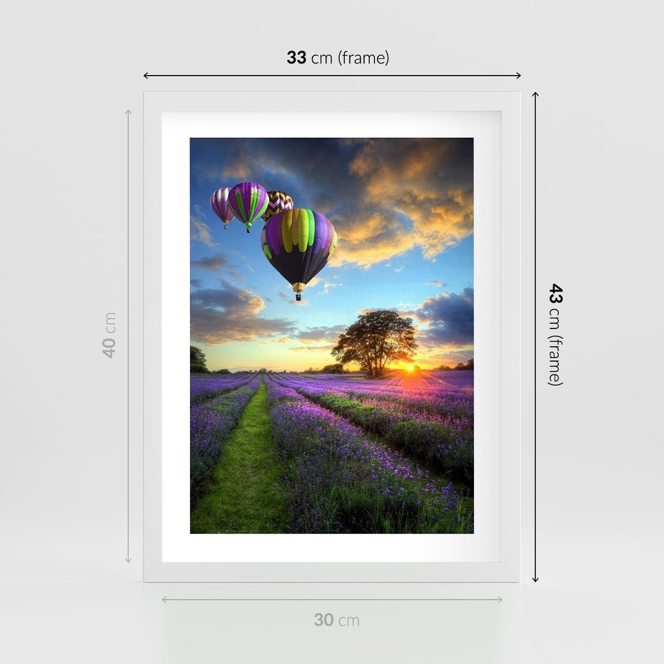 Plakat w ramie 30x40 - Lawendowe Marzenia - lawenda, balony - rama biała