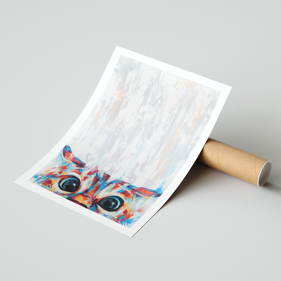 Plakat bez ramy 21x30 - Co ja Widzę - obraz olejny, śmieszny obraz kota