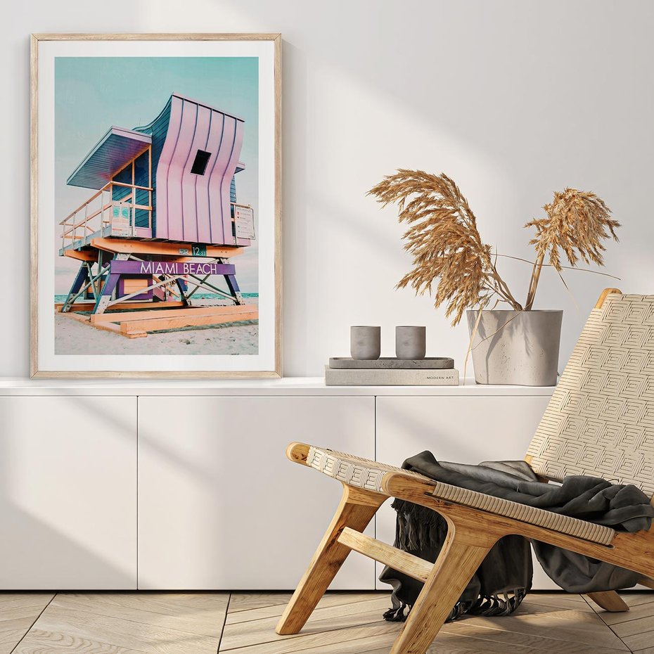 Plakat w ramie 40x50 - Miami Beach - plaża miami, domek ratownika - rama drewno