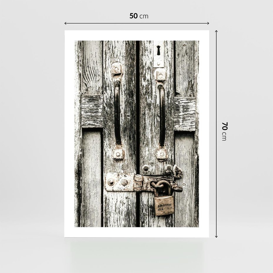Plakat bez ramy 50x70 - Retro Drzwi: Zamknięta Tajemnica - stare drzwi, kłódka