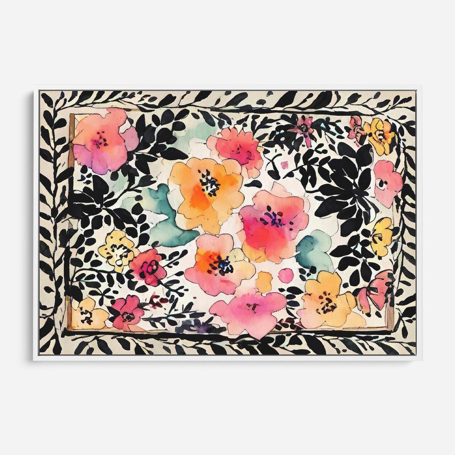 Obraz w ramie 70x50 - Opowieść w kroplach farb - akwarelowe kwiaty, mocna ornamentowa czarna ramka namalowana dookoła obrazu - rama biała