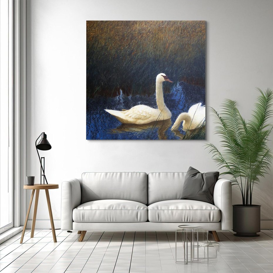 Obraz na płótnie 30x30 - "Łabędzie w trzcinach" (1907) Bruno Liljefors - Reprodukcja - reprodukcja, obraz na płótnie