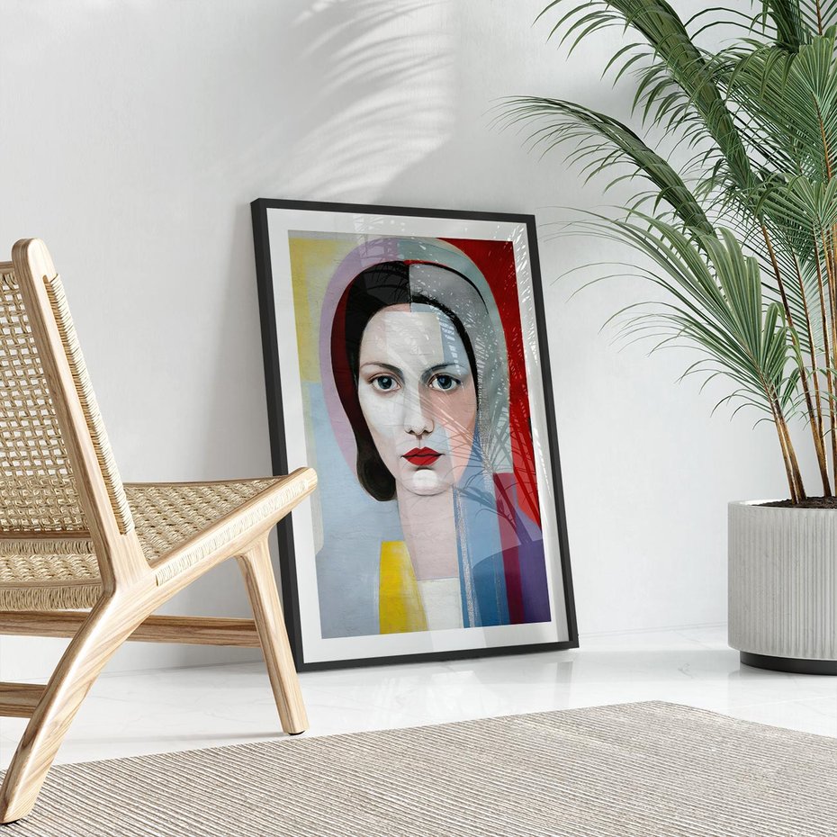 Plakat bez ramy 40x50 - Kolorowe Granice Form - abstrakcyjny obraz olejny, portret twarzy kobiety