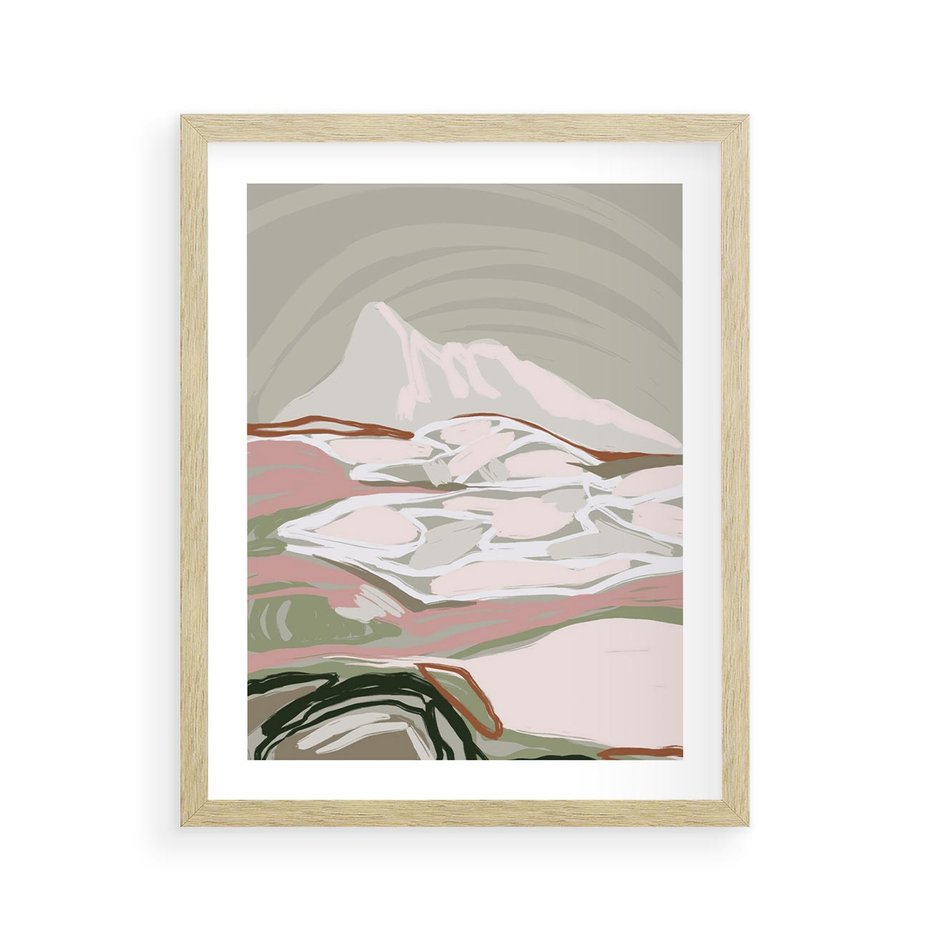 Plakat w ramie 40x50 - Szarawe Wzgórza - pastelowy krajobraz, nowoczesny plakat - rama drewno