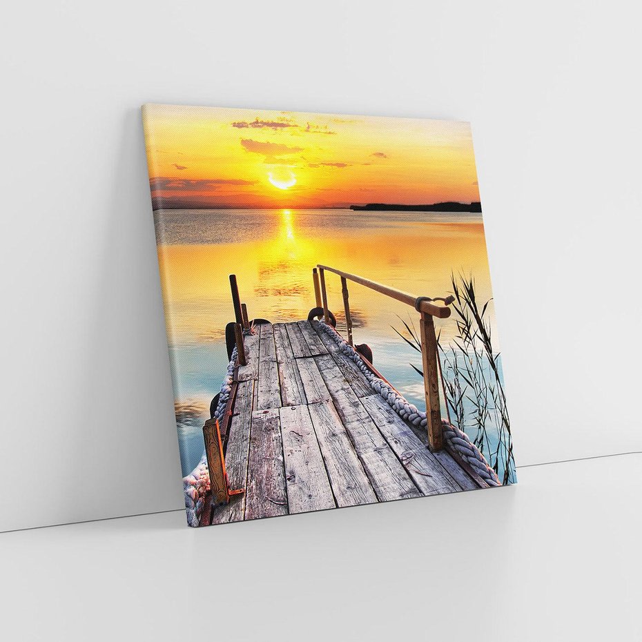 Obraz na płótnie 80x80 - Zachód nad jeziorem z pomostem - pomost, jezioro
