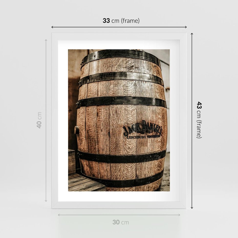 Plakat w ramie 30x40 - Rustykalna Whisky - beczka whiskey, jack daniel's - rama biała