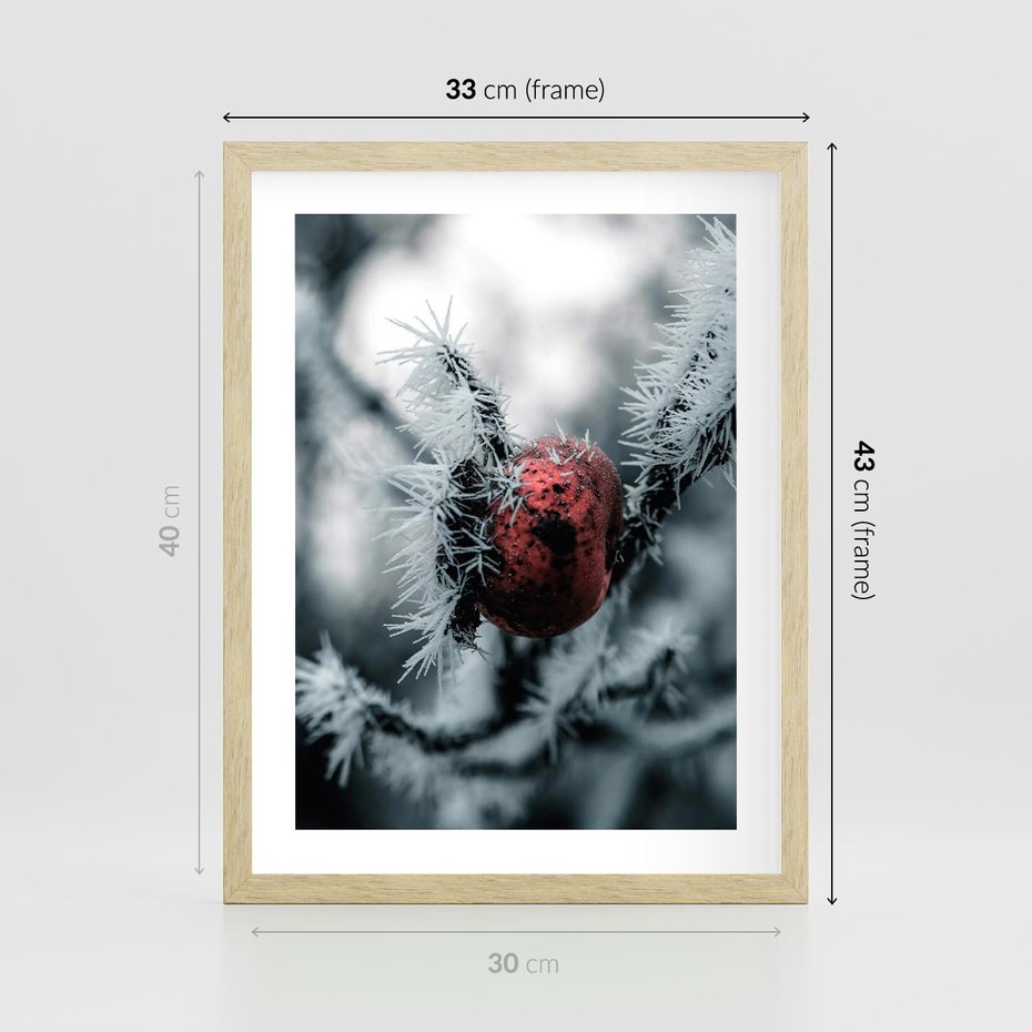 Plakat w ramie 30x40 - Chwila Zimowego Uroku - zima, ośnieżona gałązka - rama drewno
