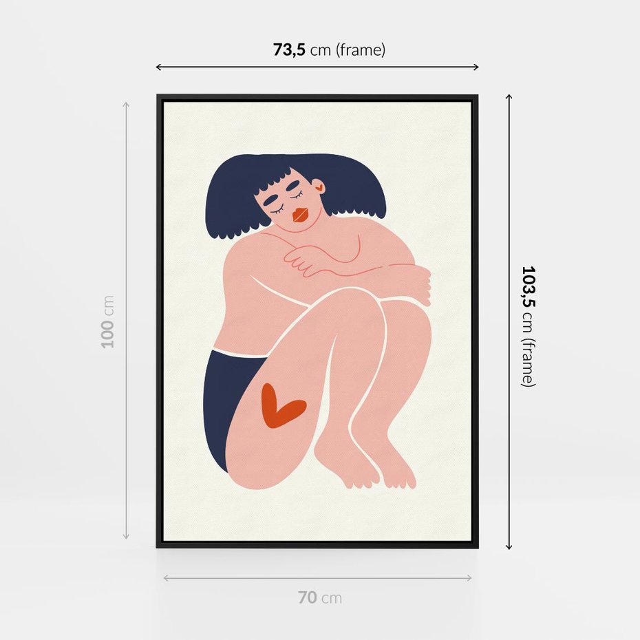 Obraz w ramie 70x100 - Melodia snów na płótnie - zakochana kobieta, graficzny obraz - rama czarna