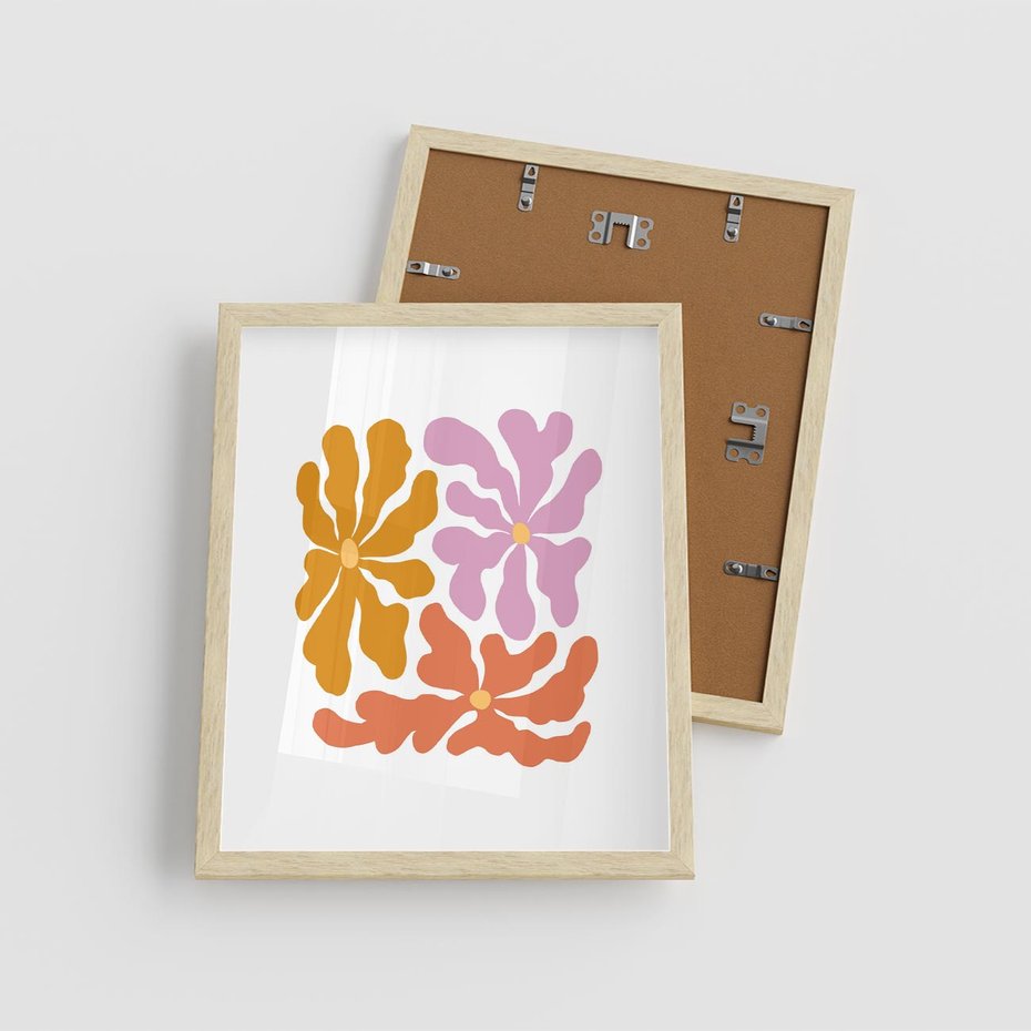 Plakat w ramie 40x50 - Rozbijające Refleksje - abstrakcyjne kolorowe kwiaty, minimlizm - rama drewno