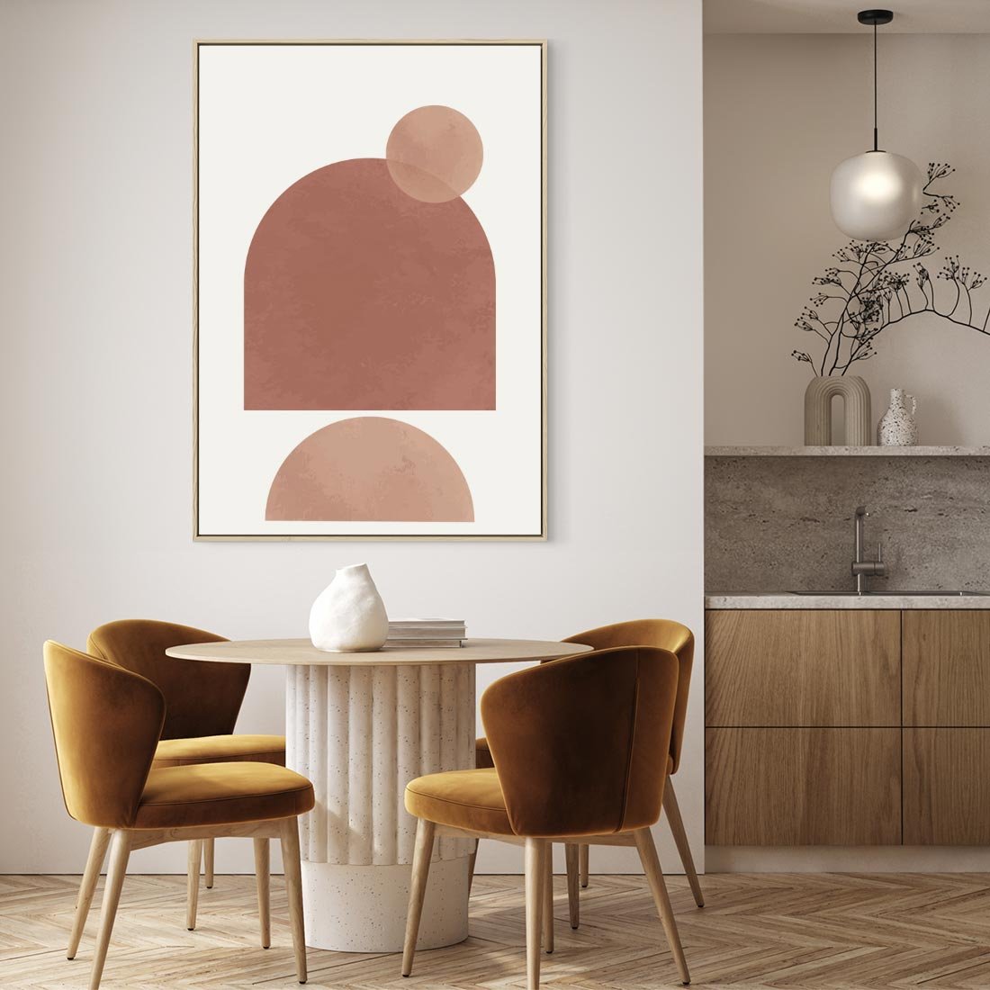 Obraz w ramie 80x120 - Rozkwitające Odbicia - abstrakcyjne geometryczne kształty, odcienie brązu i beżu - rama drewno
