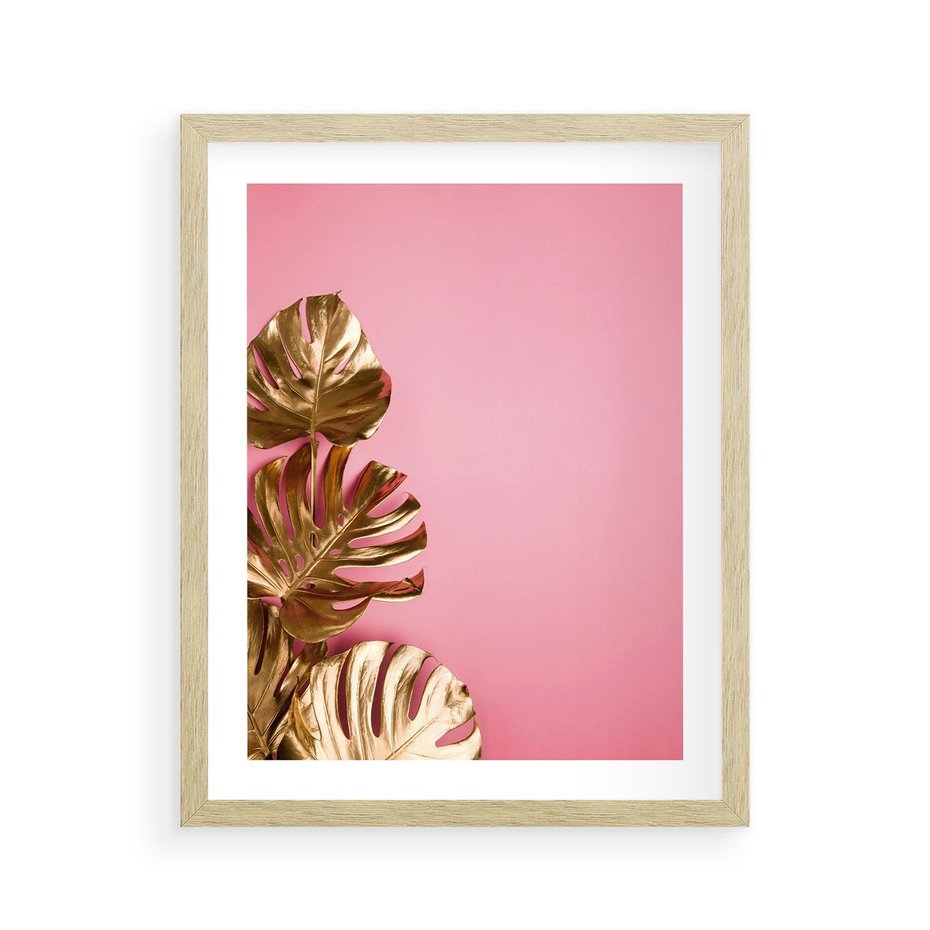 Plakat w ramie 40x50 - Luksusowa Elegancja - złote, liście - rama drewno