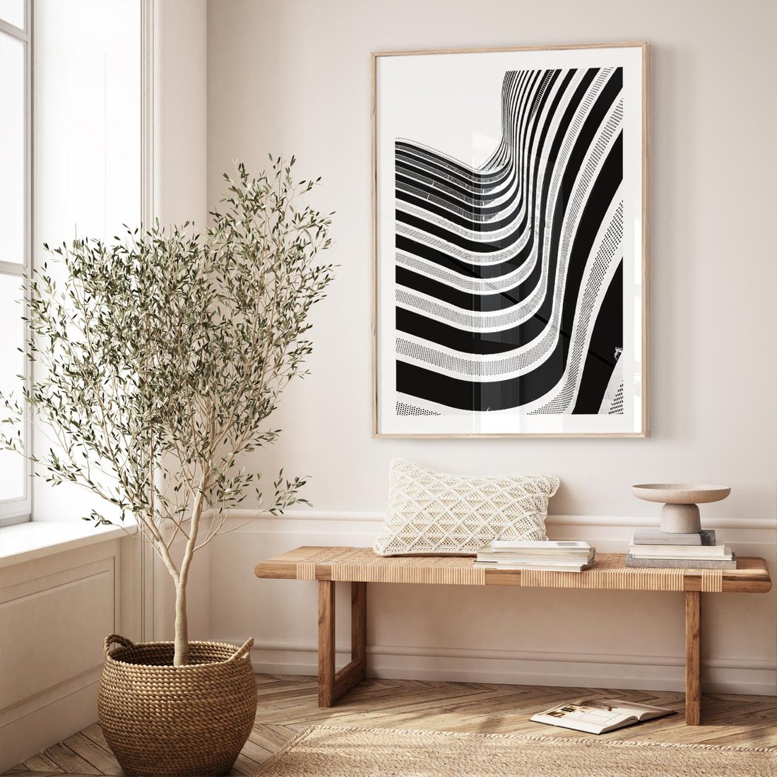 Plakat w ramie 50x70 - Nowoczesność w Monochromii - nowoczesna architektura, czarno białe zdjęcie - rama drewno