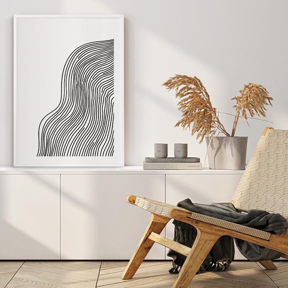 Plakat w ramie 40x50 - Refrakcje Przestrzeni - mnimalistyczna forma, czarne linie - rama biała