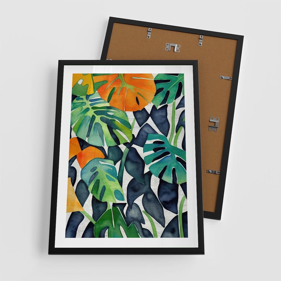 Plakat w ramie 50x70 - Tropikalne Pragnienia - akwarela, liście tropikalne - rama czarna
