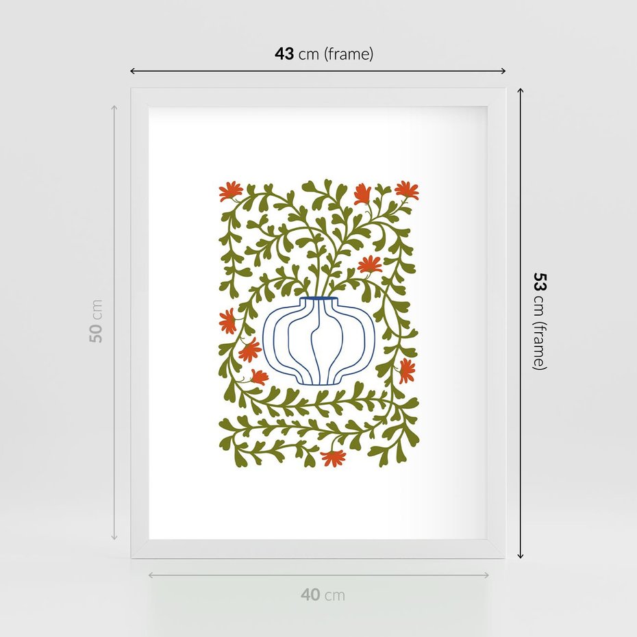 Plakat w ramie 40x50 - Wewnętrzne Fale - kwiaty w wazonie, minimalizm - rama biała