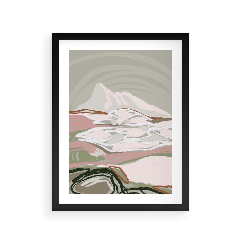 Plakat w ramie 30x40 - Szarawe Wzgórza - pastelowy krajobraz, nowoczesny plakat - rama czarna