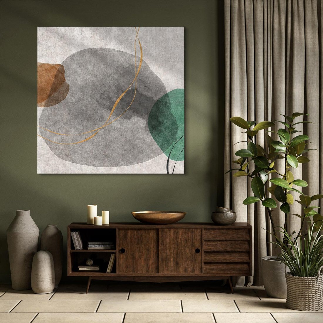 Obraz na płótnie 70x70 - Delikatne Plamy - akwarelowe plamy, złote linie