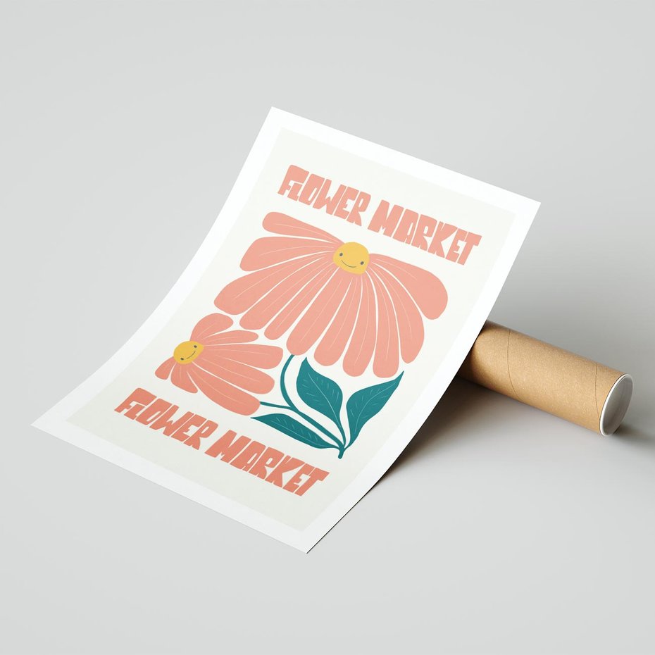 Plakat bez ramy 50x70 - Grafika Pełna Radości - wesoła grafika, uśmiechnięte kwiaty